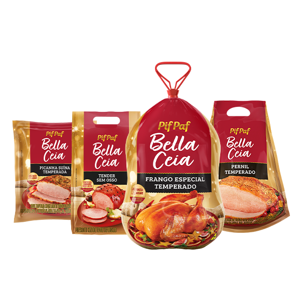 Imagem de produtos da linha Bella Ceia Pif Paf Alimentos.