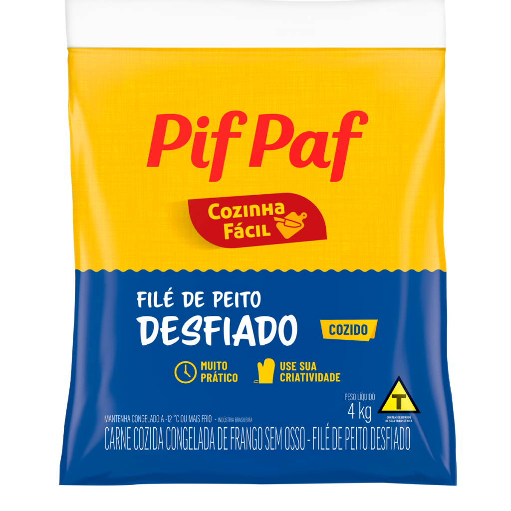 Imagem de uma embalagem do Filé de Peito Desfiado Pif Paf 4kg. O pacote apresenta as cores amarelo e azul, com destaque para o logo da Pif Paf e o selo "Cozinha Fácil". A embalagem informa que o produto é cozido, muito prático e ideal para diversas receitas. O filé de peito desfiado é congelado, sem osso, e pesa 4kg. Instruções de armazenamento recomendam manter o produto congelado a -12°C ou mais frio.