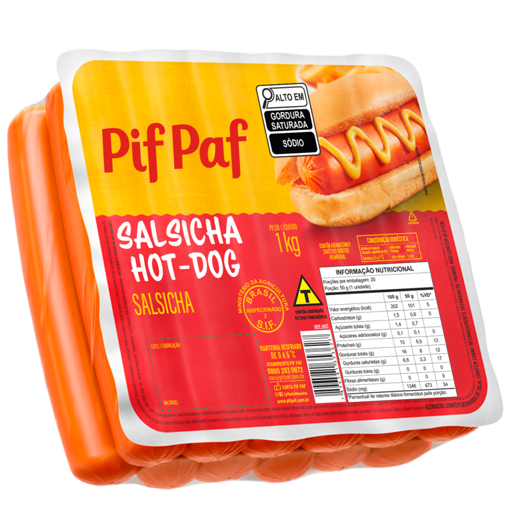 Imagem da embalagem de Salsicha Hot-Dog Pif Paf 1kg. A embalagem nas cores amarelo e vermelho exibe uma salsicha em um pão de hot-dog com mostarda, sugerindo uma refeição rápida e saborosa. O selo "Alto em Gordura Saturada e Sódio" está presente, e o produto deve ser mantido congelado a -12°C ou mais frio.