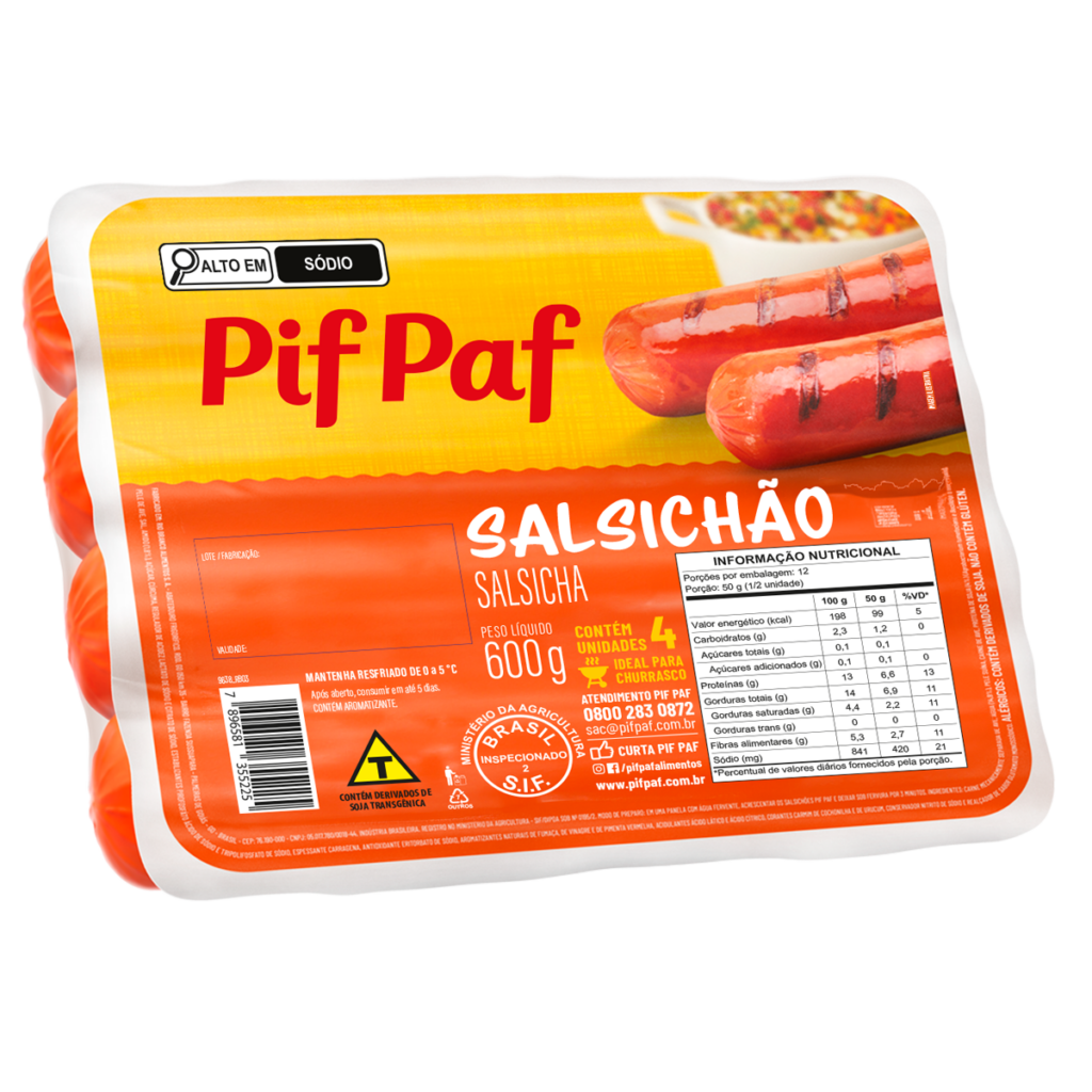 Imagem da embalagem de Salsichão Pif Paf 600g. A embalagem nas cores amarelo e laranja exibe salsichões com marcas de grelha, sugerindo que o produto é ideal para churrasco. O rótulo informa que a embalagem contém 4 unidades e destaca o selo "Alto em Sódio". Instruções recomendam manter o produto resfriado entre 0°C e 5°C.