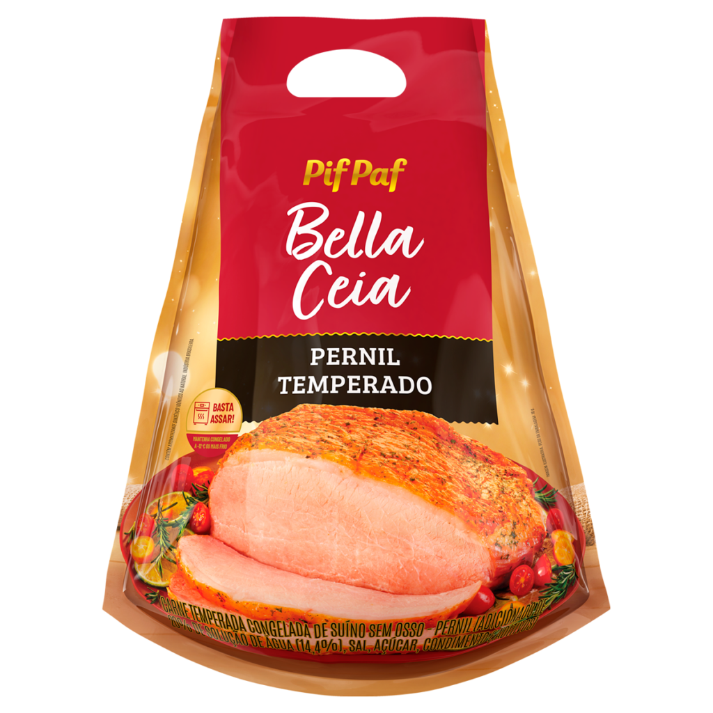 Embalagem do Pernil Temperado Pif Paf Bella Ceia. A embalagem nas cores vermelho e dourado destaca o pernil suíno sem osso, já temperado e pronto para assar. Com seu visual apetitoso e suculento, o produto é ideal para ocasiões especiais, como ceias e almoços em família. O selo "Basta Assar" reforça a praticidade, garantindo uma refeição saborosa e fácil de preparar.