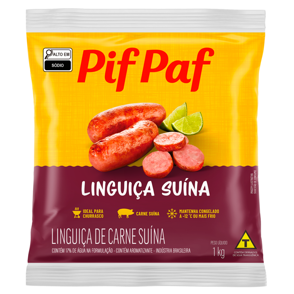 A embalagem nas cores amarelo e marrom exibe linguiças suculentas, perfeitas para churrasco. O rótulo informa que o produto é feito com carne suína e contém 17% de água na formulação. Há selos indicando "Alto em Sódio" e instruções para manter o produto congelado a -12°C ou mais frio. Ideal para preparar na grelha ou frigideira, garantindo sabor e praticidade.