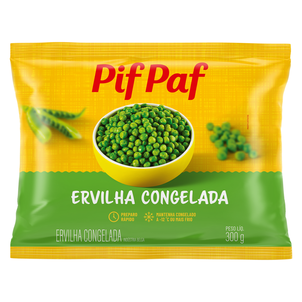 Imagem da embalagem de Ervilha Congelada Pif Paf 300g. A embalagem nas cores amarelo e verde exibe uma tigela cheia de ervilhas verdes frescas e congeladas. O rótulo destaca a praticidade do preparo rápido e as instruções para manter o produto congelado a -12°C ou mais frio.