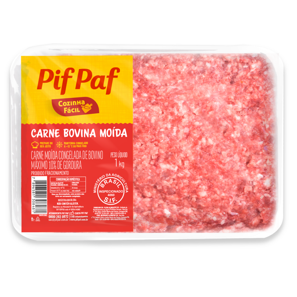 Imagem da embalagem de Carne Bovina Moída Pif Paf 1kg. A embalagem nas cores amarelo e vermelho destaca a qualidade e praticidade do produto, com carne moída congelada e até 10% de gordura. O selo "Cozinha Fácil" reforça a conveniência para o preparo de pratos variados, como hambúrgueres, almôndegas e molhos. Ideal para quem busca sabor e agilidade na cozinha.