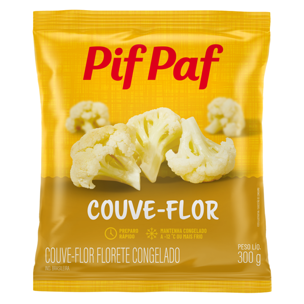 Imagem da embalagem de Couve-Flor Florete Congelado Pif Paf 300g. A embalagem nas cores amarelo e marrom exibe floretes de couve-flor frescos e prontos para o preparo. O rótulo destaca a praticidade do produto, com preparo rápido e instruções para manter congelado a -12°C ou mais frio. Ideal para receitas saudáveis e práticas no dia a dia.