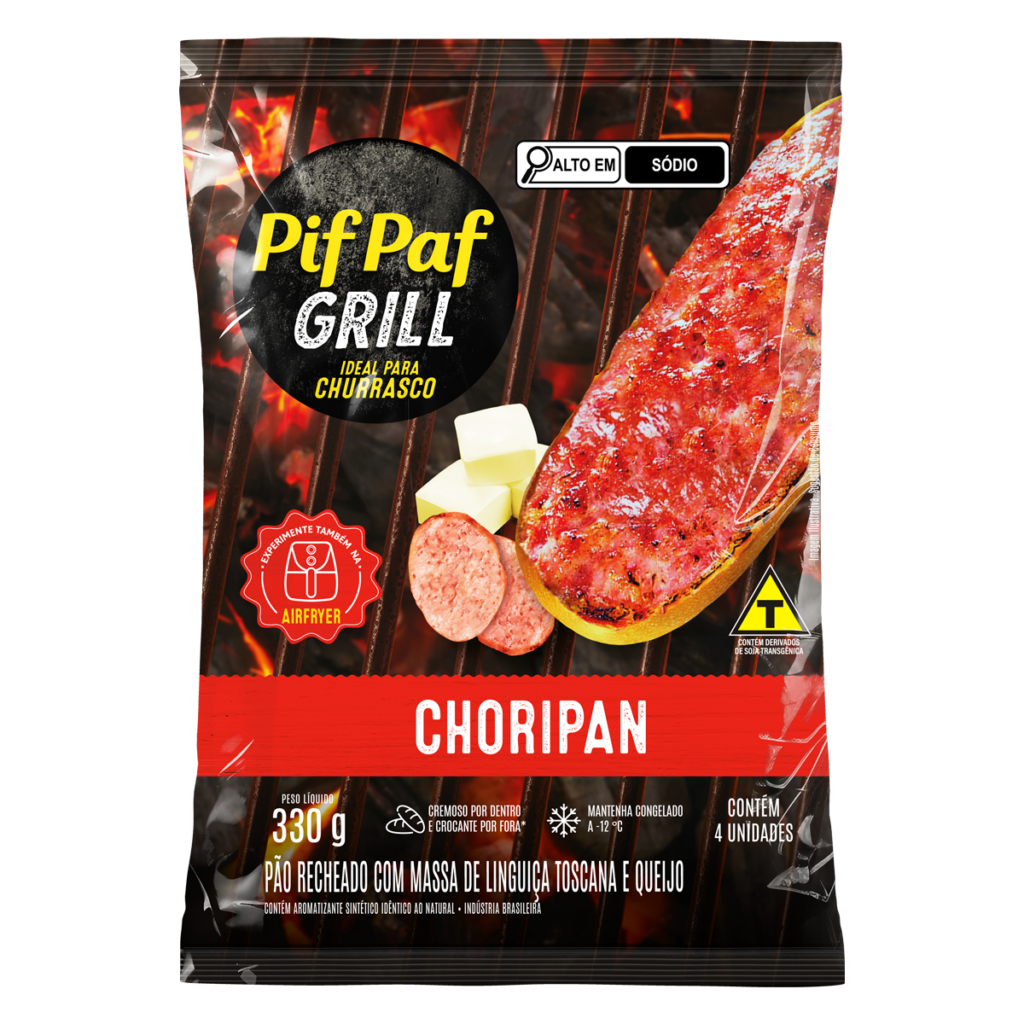 Imagem da embalagem do Choripan Pif Paf Grill 330g, ideal para churrasco. A embalagem destaca o pão recheado com massa de linguiça toscana e queijo, perfeito para preparo na churrasqueira ou airfryer. O produto é descrito como cremoso por dentro e crocante por fora, com um selo que indica ser "alto em sódio". Contém 4 unidades e deve ser mantido congelado a -12°C ou mais frio.